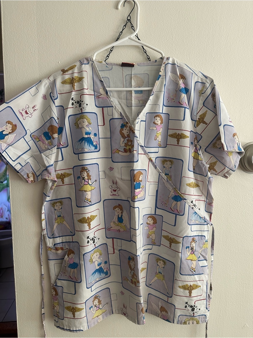 Women’s White Cartoon-Panel Wrap Pajama Top